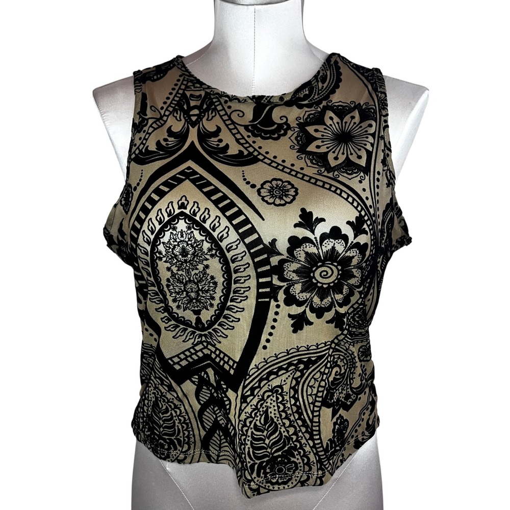 Y2K Black Tan Paisley Print‎ Sleeveless Tank Top Women's XL Buffy 90s Elana Goth